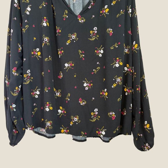 GAP Black Ruffled Neck Long Puffed Sleeve Micro Floral Print Blouse Size XL - Picture 4 of 9